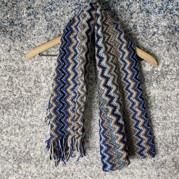 Missoni Scarf Womens One Size Blue Brown Chevron Wool Blend Fringe Made Italy - Picture 1 of 7